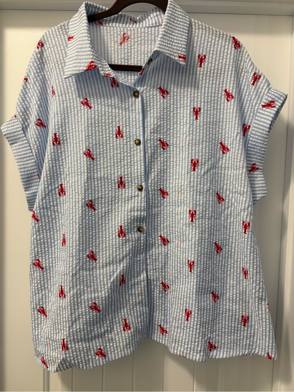 SHEIN Light Blue Seersucker Button-Down Shirt with Red Lobster Print Size 2X